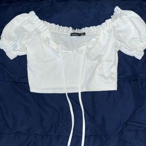 Puffed sleeve, tie front, crop shirt